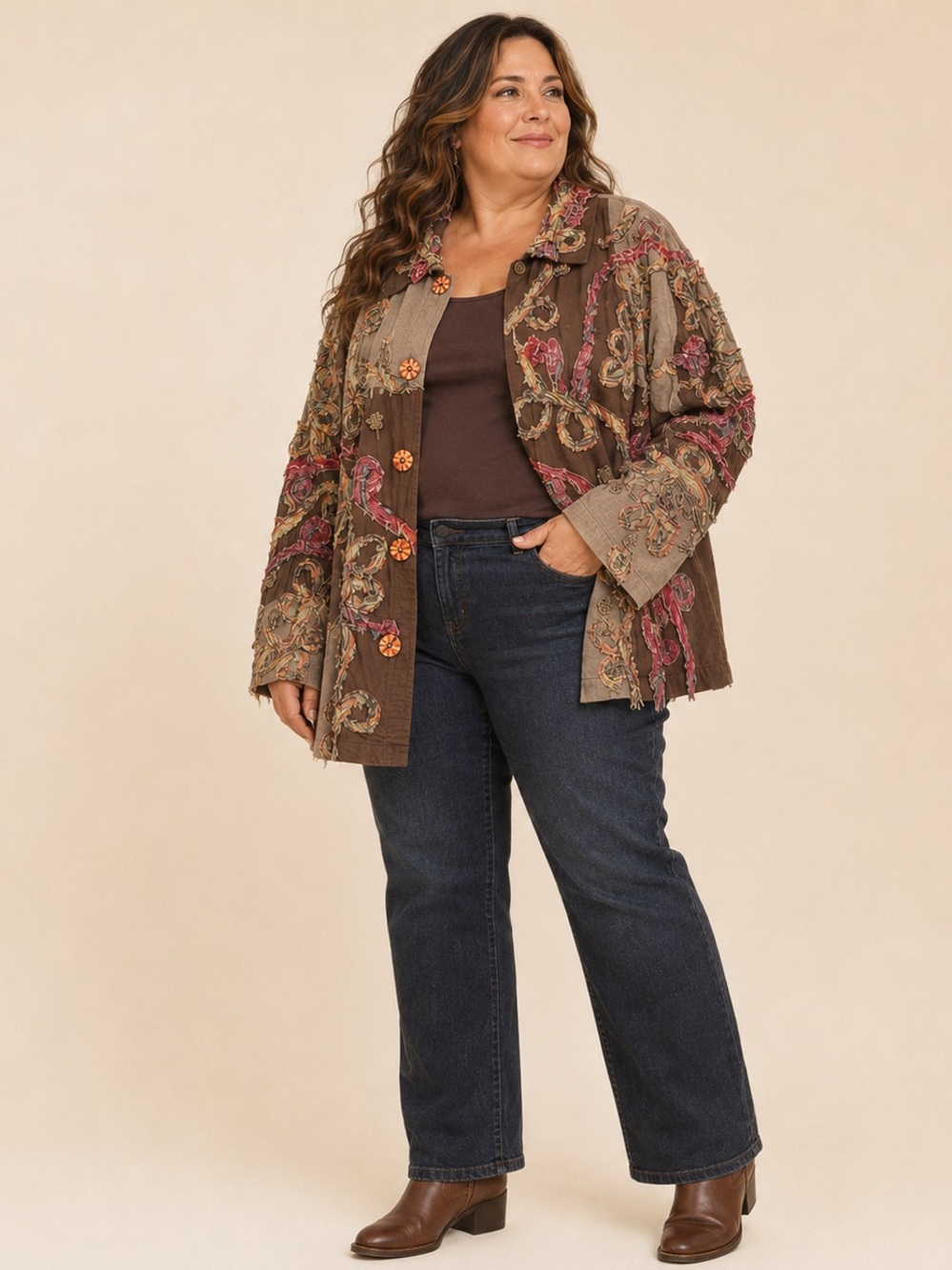 Life Style Woman 1X Boho Patchwork Appliqué Cotton Jacket Artsy Shacket